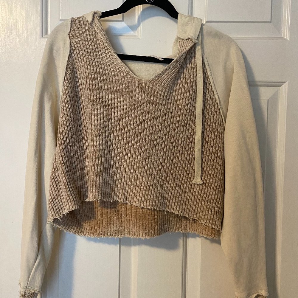 Free People Pink & Cream Contrast Ribbed Knit Pullover Hoodie